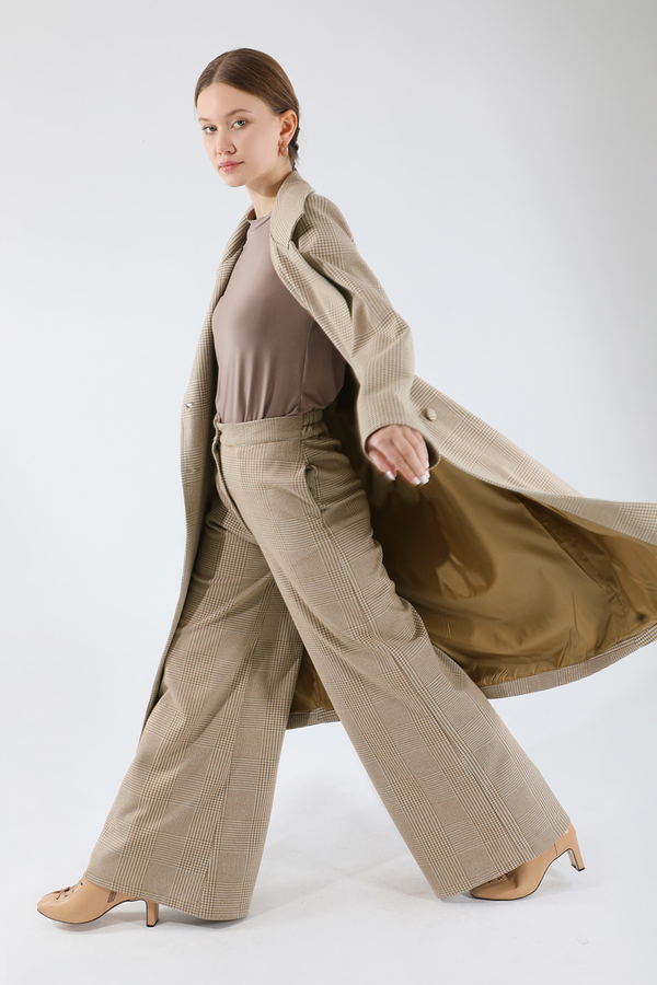 Ekose Uzun Ceket Takım Bej - 3