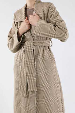 Ekose Uzun Ceket Takım Bej - 4