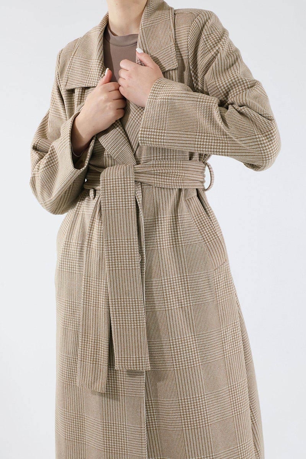 Ekose Uzun Ceket Takım Bej - 4