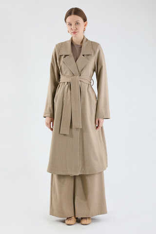 Ekose Uzun Ceket Takım Bej - 5