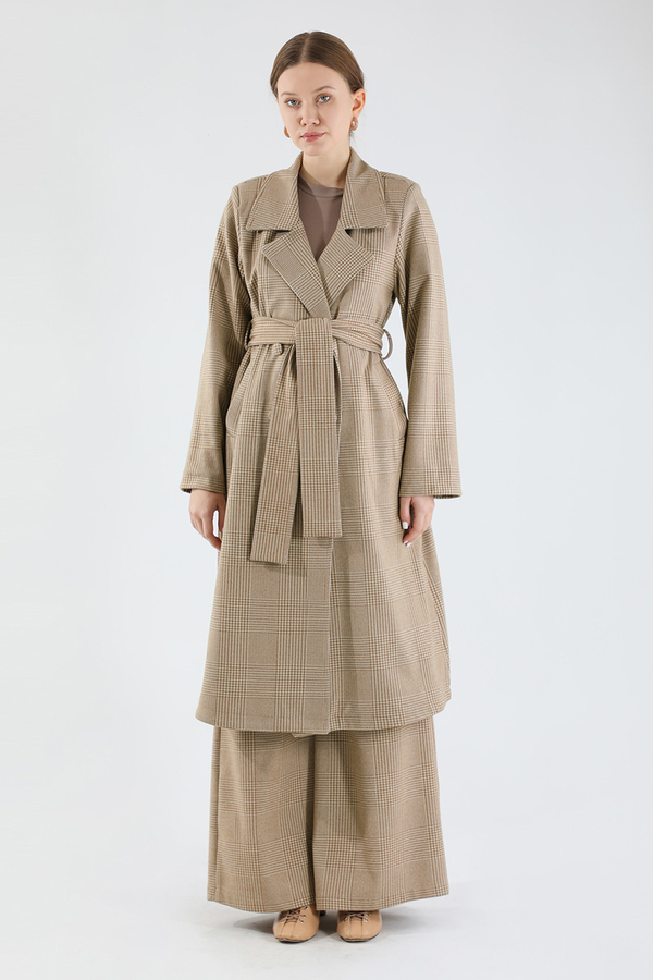 Ekose Uzun Ceket Takım Bej - 5