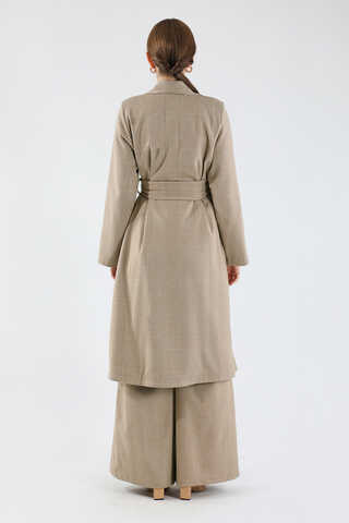 Ekose Uzun Ceket Takım Bej - 6