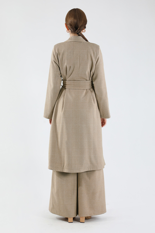 Ekose Uzun Ceket Takım Bej - 6