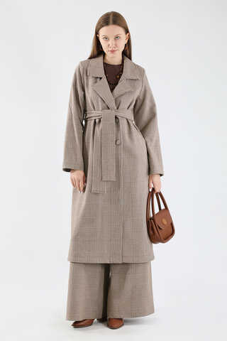 Ekose Uzun Ceket Takım Kahve - 3