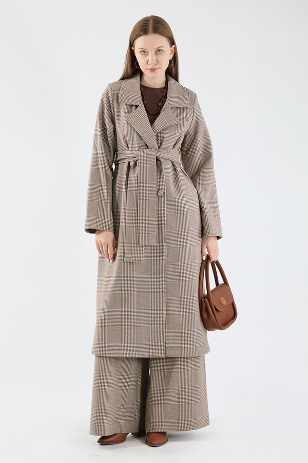 Ekose Uzun Ceket Takım Kahve - 3