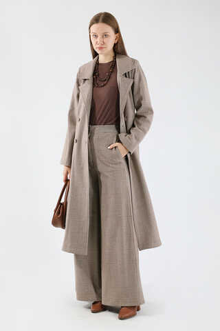 Ekose Uzun Ceket Takım Kahve - 1