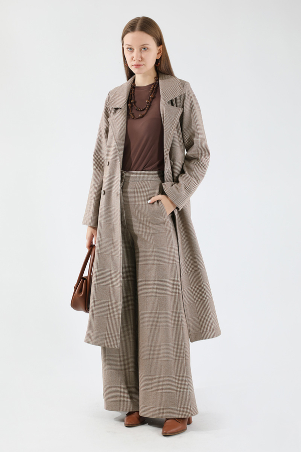 Ekose Uzun Ceket Takım Kahve - 1