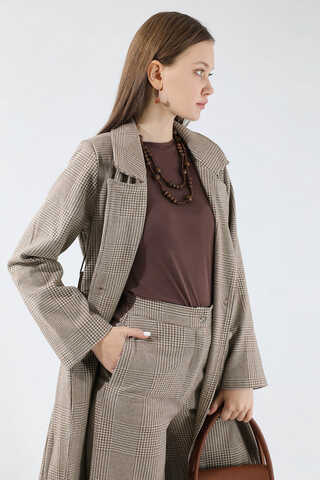 Ekose Uzun Ceket Takım Kahve - 2