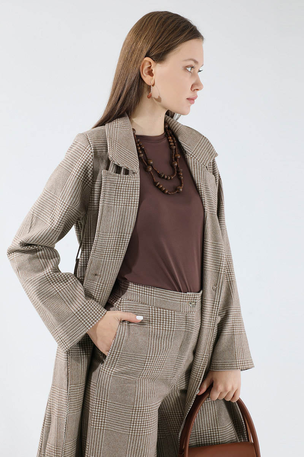 Ekose Uzun Ceket Takım Kahve - 2