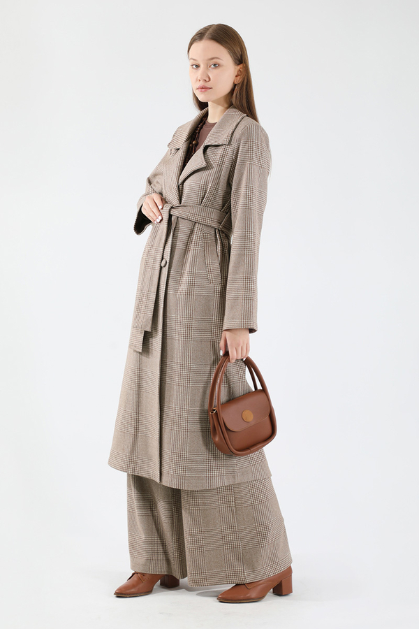 Ekose Uzun Ceket Takım Kahve - 5