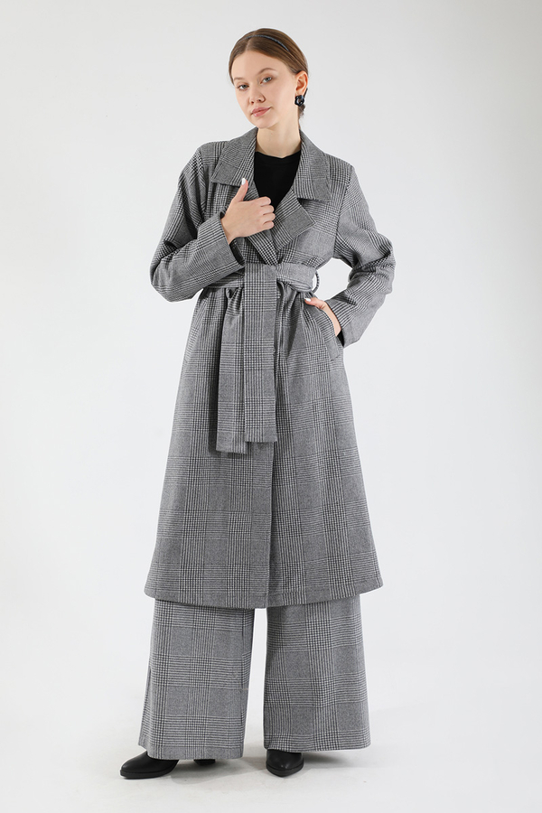 Ekose Uzun Ceket Takım Siyah - 3