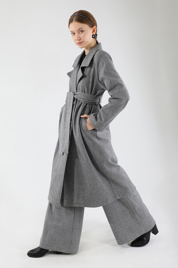 Ekose Uzun Ceket Takım Siyah - 5