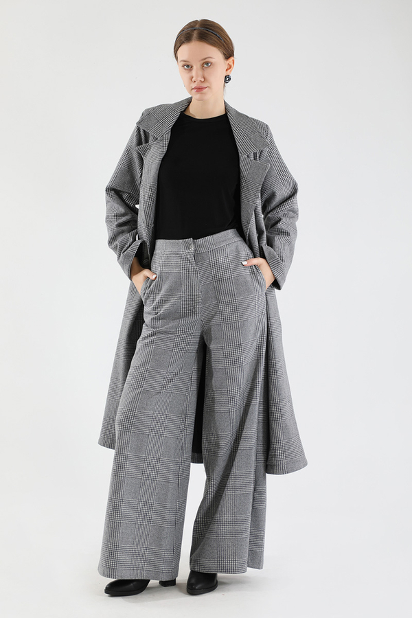 Ekose Uzun Ceket Takım Siyah - 1