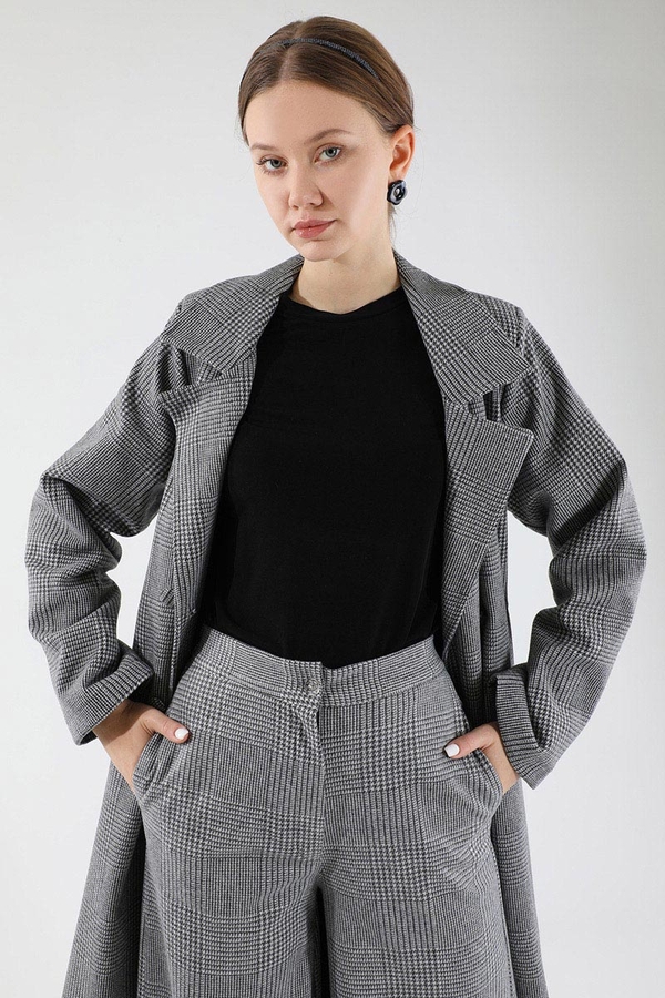 Ekose Uzun Ceket Takım Siyah - 2