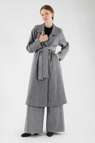 Ekose Uzun Ceket Takım Siyah - 3