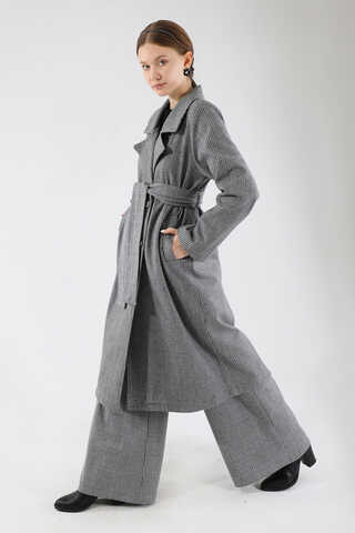 Ekose Uzun Ceket Takım Siyah - 5