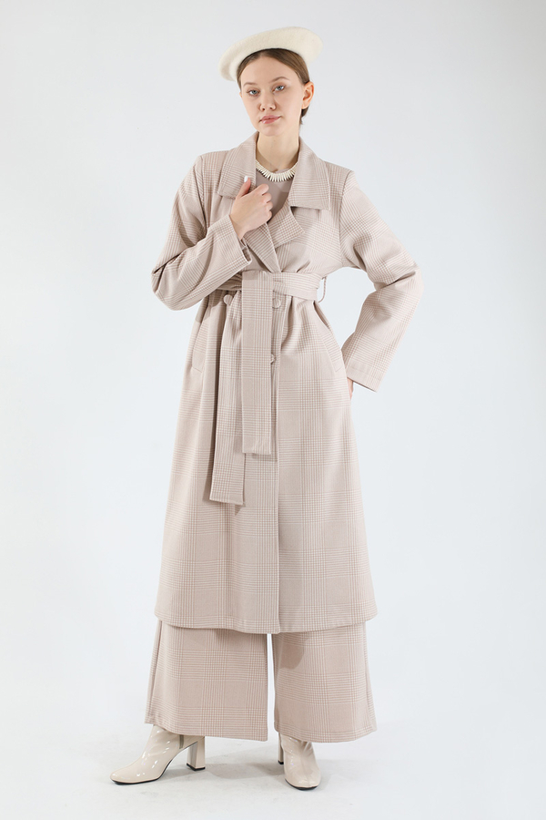 Ekose Uzun Ceket Takım Vizon - 1