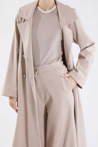 Ekose Uzun Ceket Takım Vizon - 2