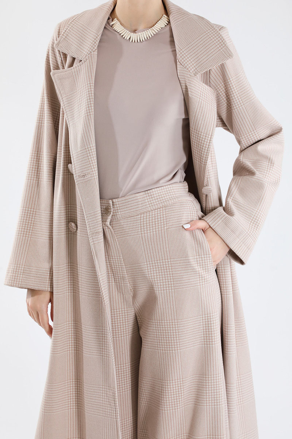 Ekose Uzun Ceket Takım Vizon - 2