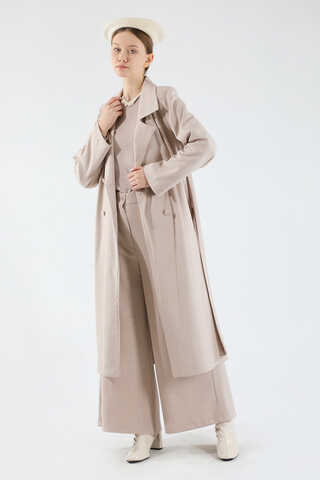 Ekose Uzun Ceket Takım Vizon - 3