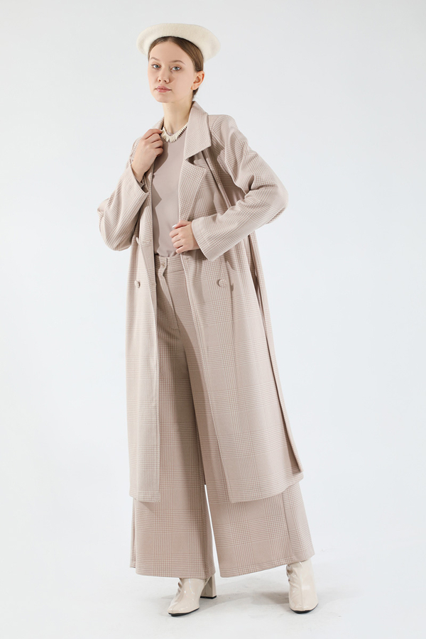 Ekose Uzun Ceket Takım Vizon - 3