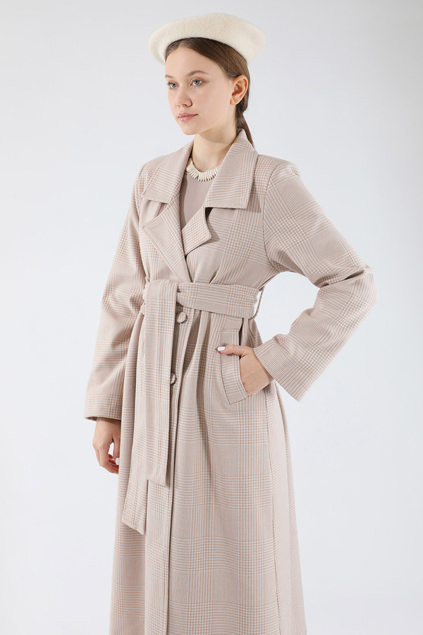 Ekose Uzun Ceket Takım Vizon - 4