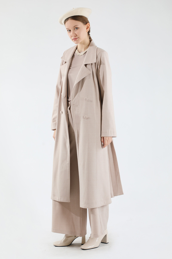 Ekose Uzun Ceket Takım Vizon - 5