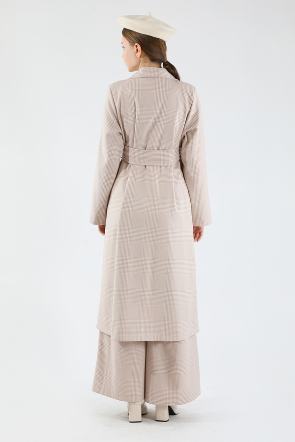 Ekose Uzun Ceket Takım Vizon - 6