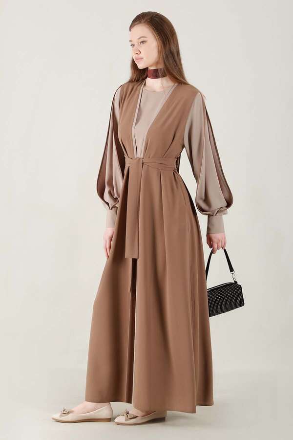Kolları Biyeli Abaya Takım Sütlü Kahve - 4