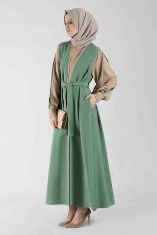 Kolları Biyeli Abaya Takım Koyu Mint - 1