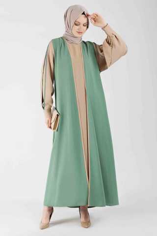 Kolları Biyeli Abaya Takım Koyu Mint - 3