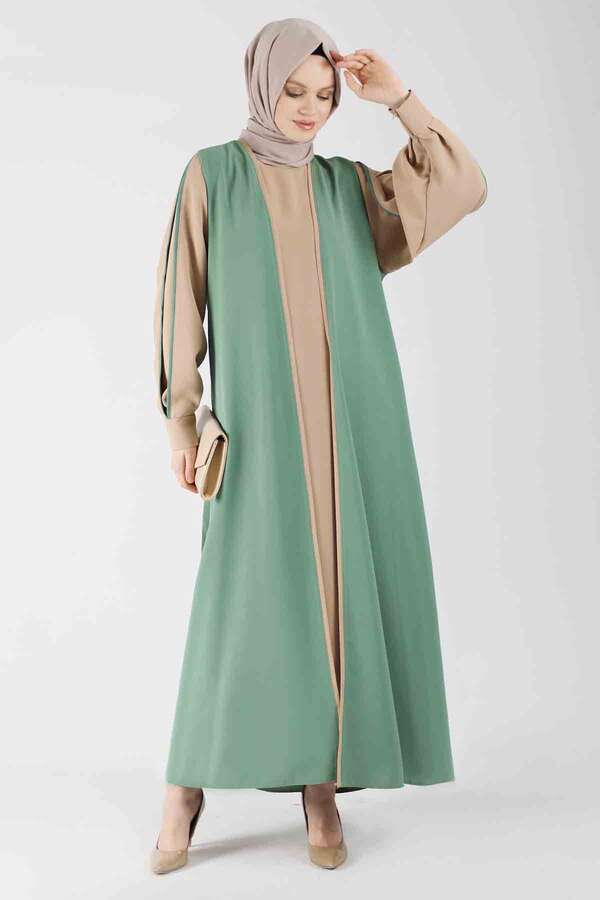 Kolları Biyeli Abaya Takım Koyu Mint - 3
