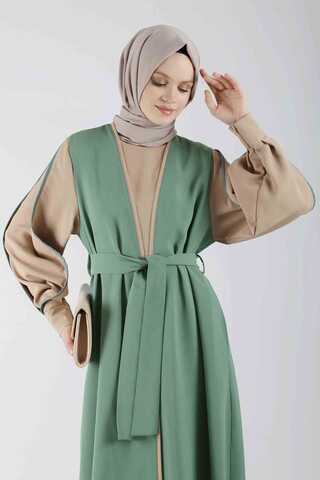 Kolları Biyeli Abaya Takım Koyu Mint - 4