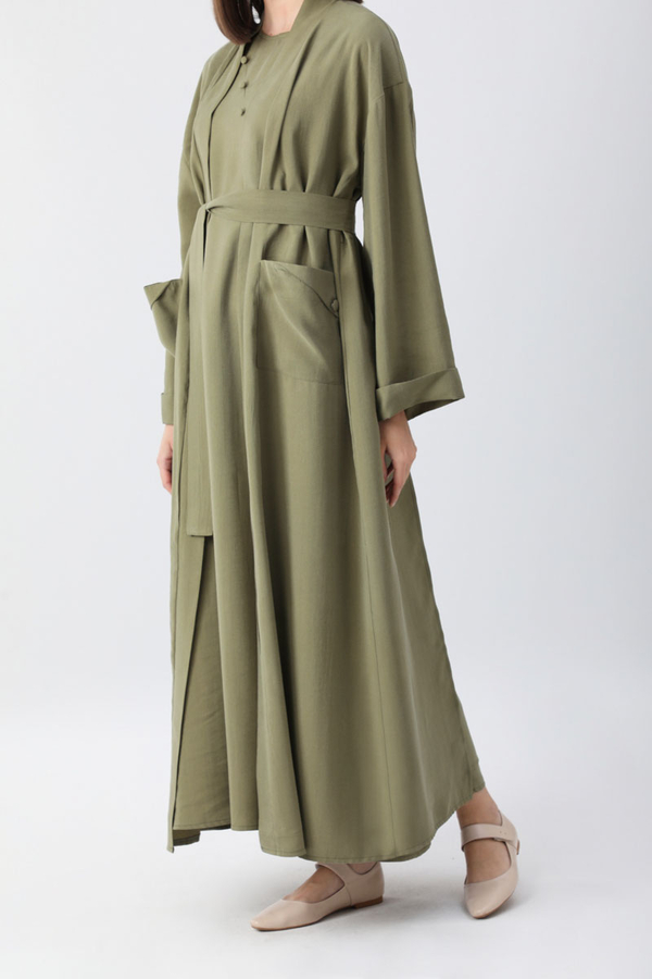 Elbisesi Düğmeli Abaya Takım Açık Haki - 9