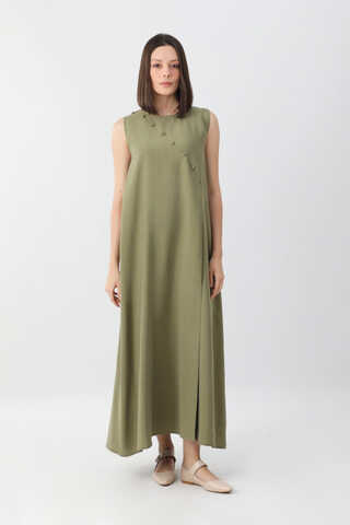 Elbisesi Düğmeli Abaya Takım Açık Haki - 3