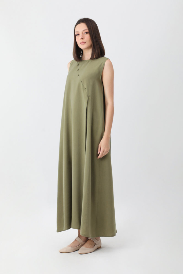 Elbisesi Düğmeli Abaya Takım Açık Haki - 4