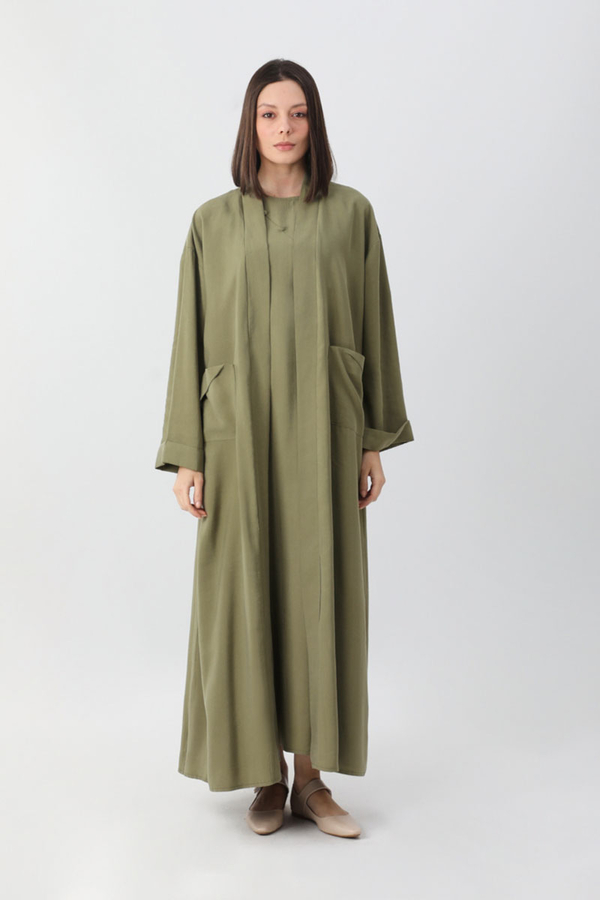 Elbisesi Düğmeli Abaya Takım Açık Haki - 2