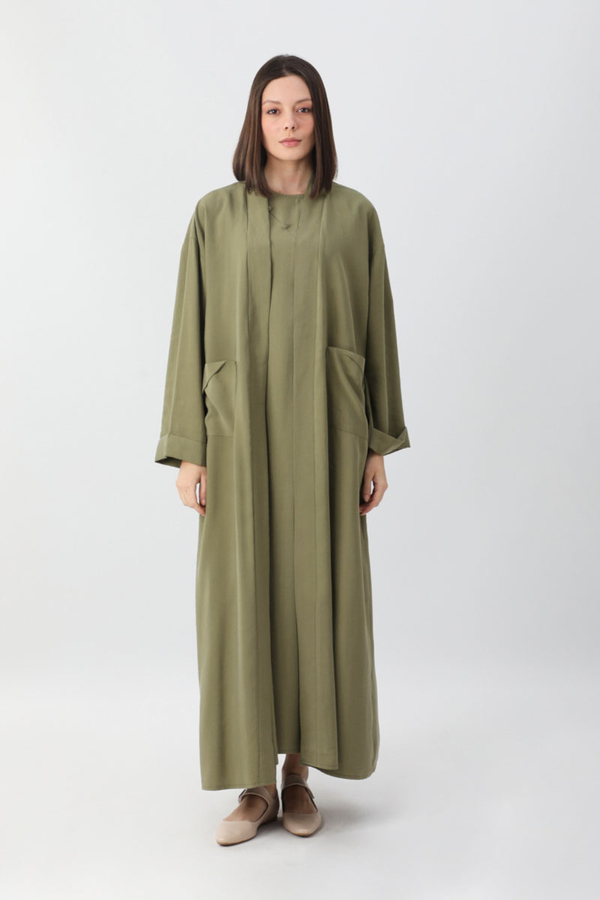 Elbisesi Düğmeli Abaya Takım Açık Haki - 6