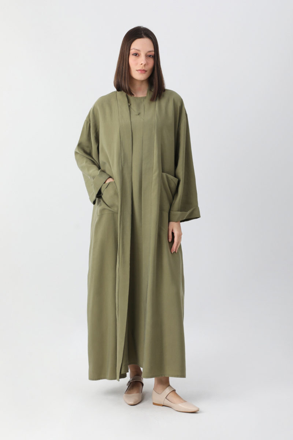Elbisesi Düğmeli Abaya Takım Açık Haki - 1