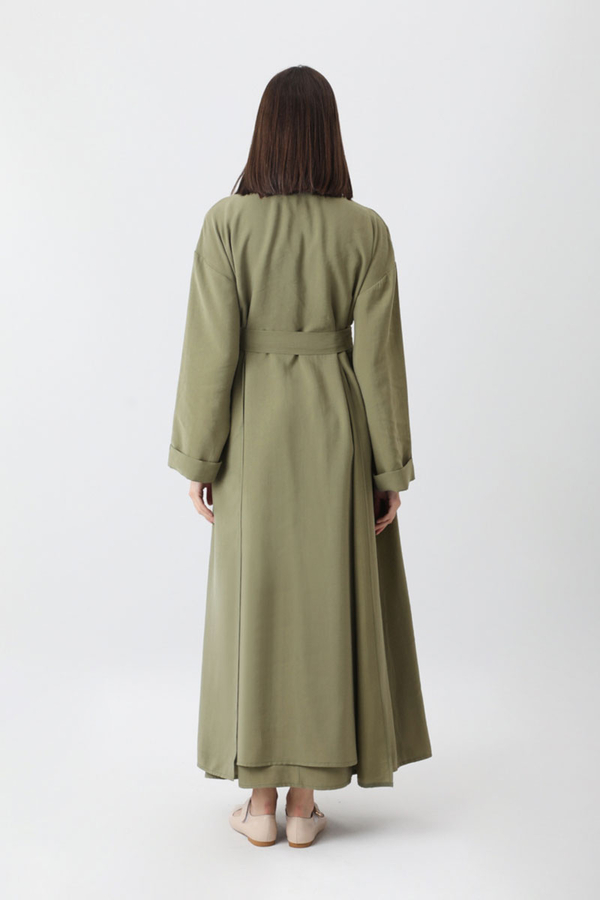 Elbisesi Düğmeli Abaya Takım Açık Haki - 12