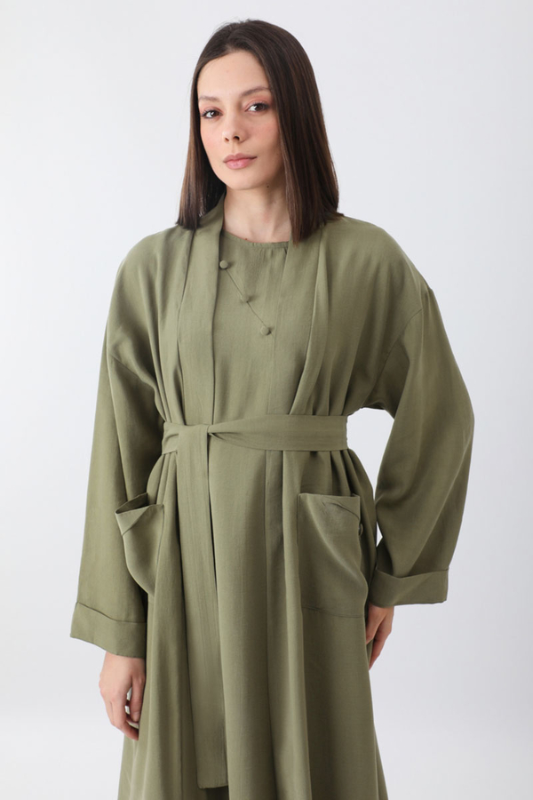 Elbisesi Düğmeli Abaya Takım Açık Haki - 10