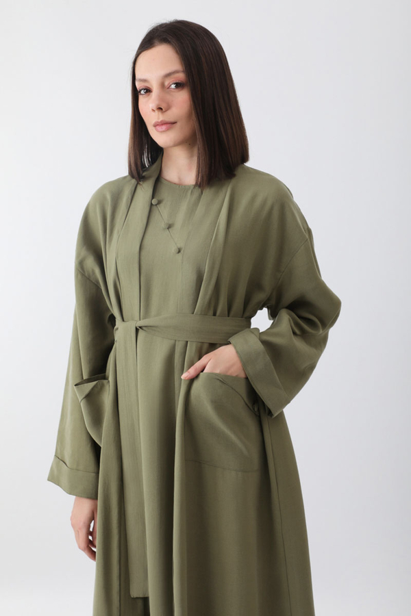 Elbisesi Düğmeli Abaya Takım Açık Haki - 11