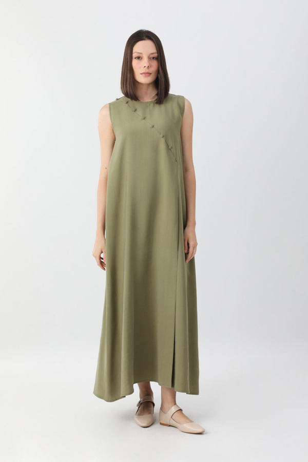 Elbisesi Düğmeli Abaya Takım Açık Haki - 3