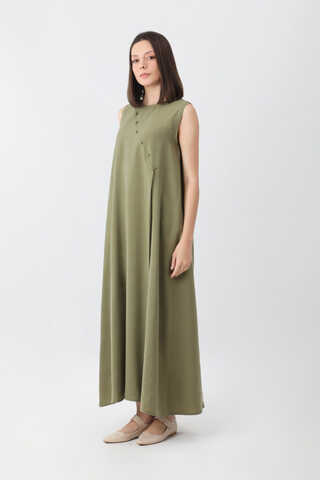 Elbisesi Düğmeli Abaya Takım Açık Haki - 4