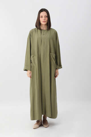 Elbisesi Düğmeli Abaya Takım Açık Haki - 6