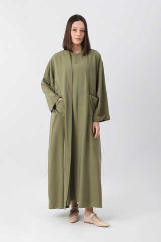 Elbisesi Düğmeli Abaya Takım Açık Haki - 1