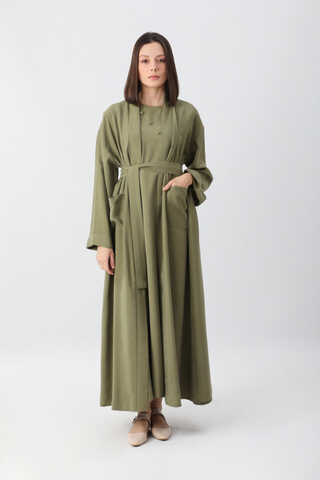 Elbisesi Düğmeli Abaya Takım Açık Haki - 7