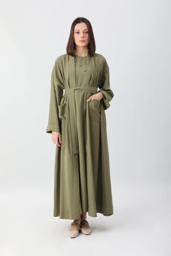 Elbisesi Düğmeli Abaya Takım Açık Haki - 7
