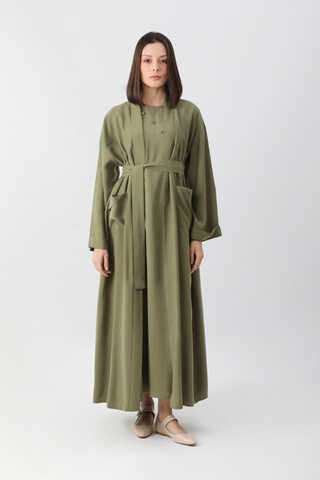 Elbisesi Düğmeli Abaya Takım Açık Haki - 8
