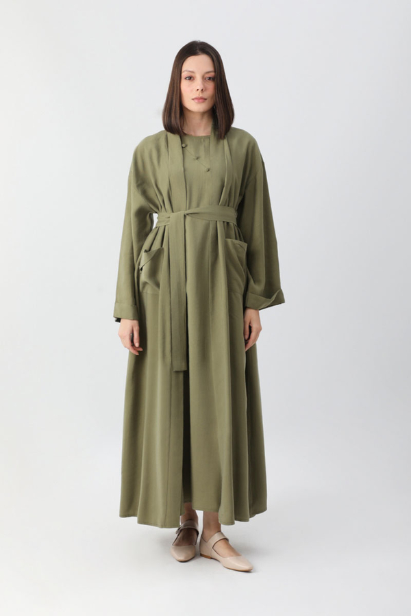 Elbisesi Düğmeli Abaya Takım Açık Haki - 8
